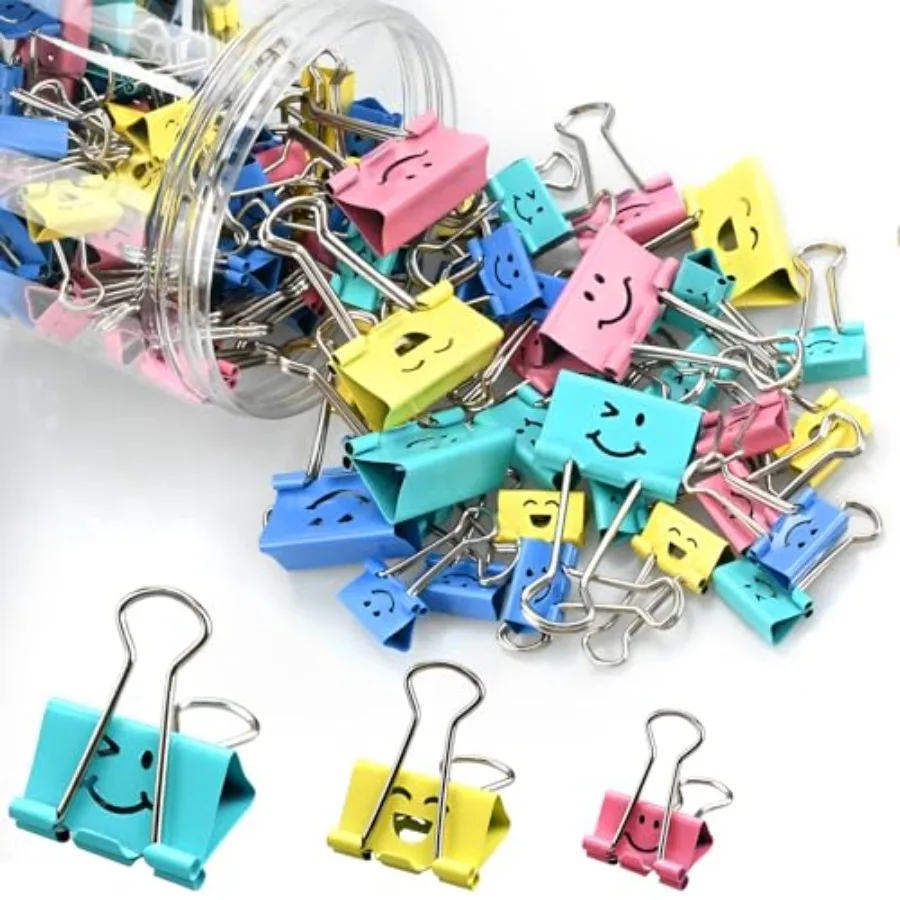 100 Pack Binder Clips Paper Clamps Assorted Sizes and Colors Cute Binder Clips with Smiling Face Metal Paper Clamps for Office,
