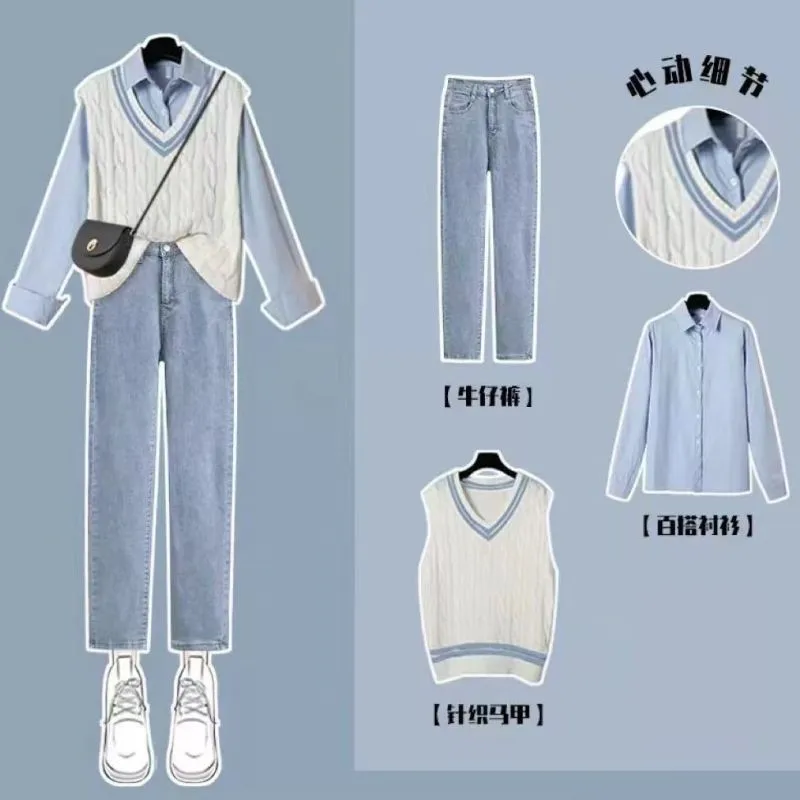 Women\'s 2024 Spring New Fashion Long Sleeve Shirt+Knitted Vest+Suit Pants Three Piece Korean Elegant Blouse Trouser Matching Set