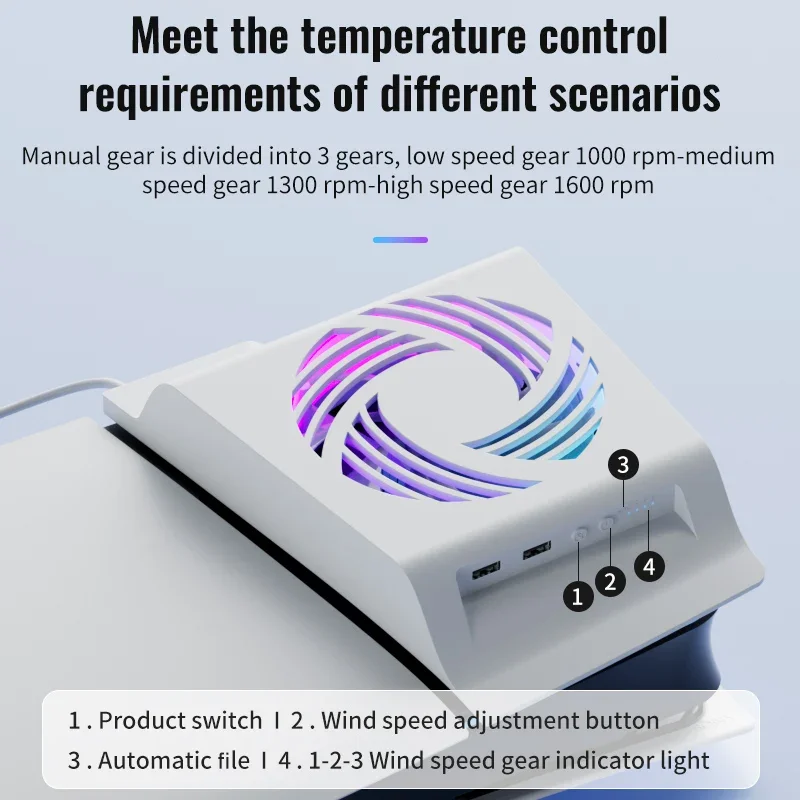 RGB Cooling Fan for PS5 High-efficiency Adjustable Cooling System for PS5 Slim/PRO Temperature Sensing 12cm Cooling Fan