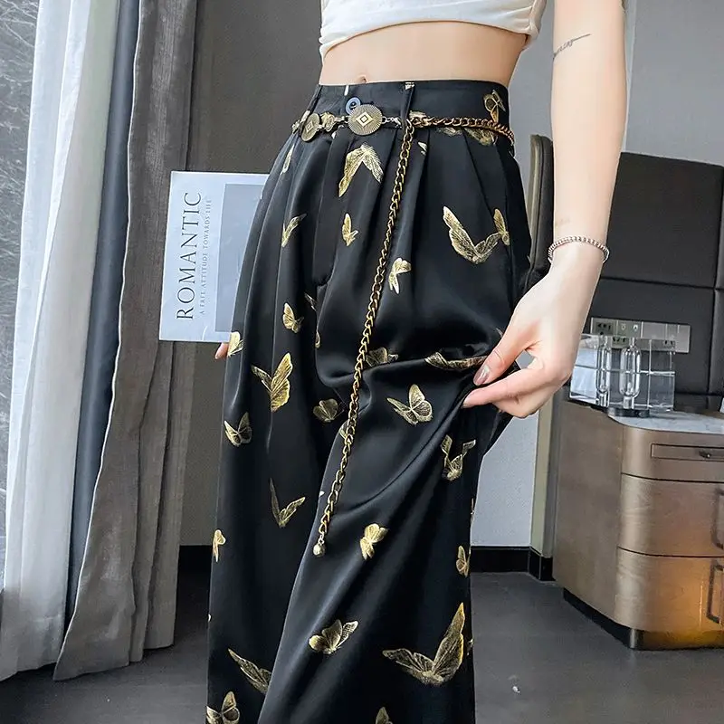 

Black Butterfly Casual Wide Legged Pants 2024 Summer New Thin Drop Loose Floor Slam Pants For Women