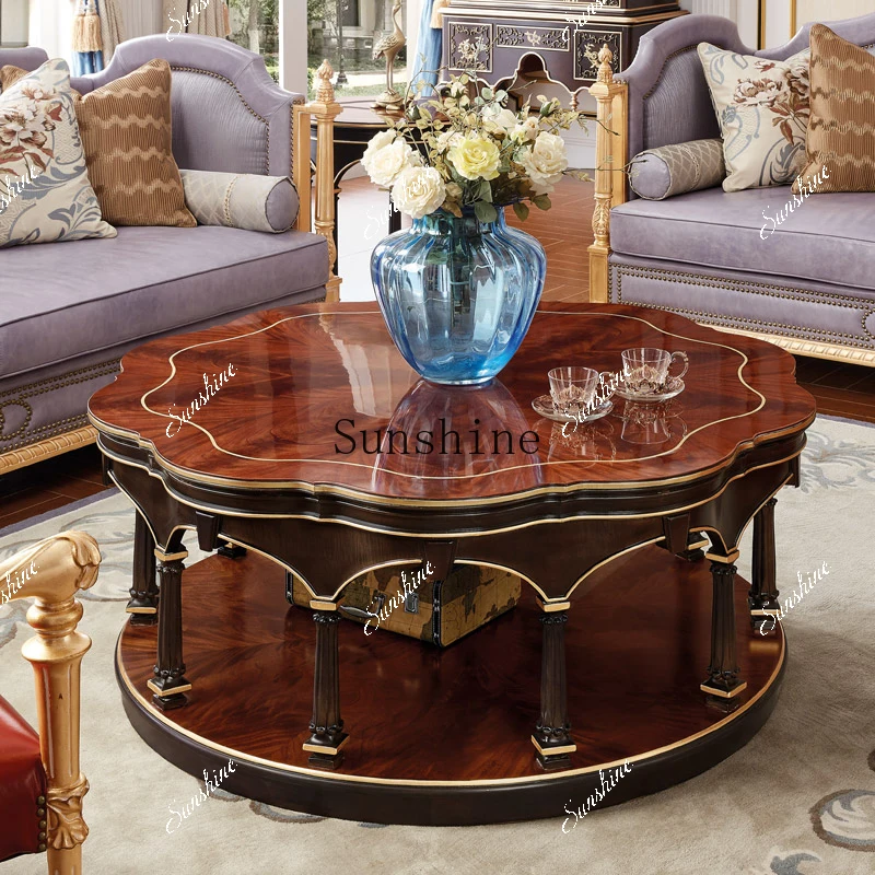 Neoclassical all-solid wood round coffee table high-end living room large coffee table furniture  FT