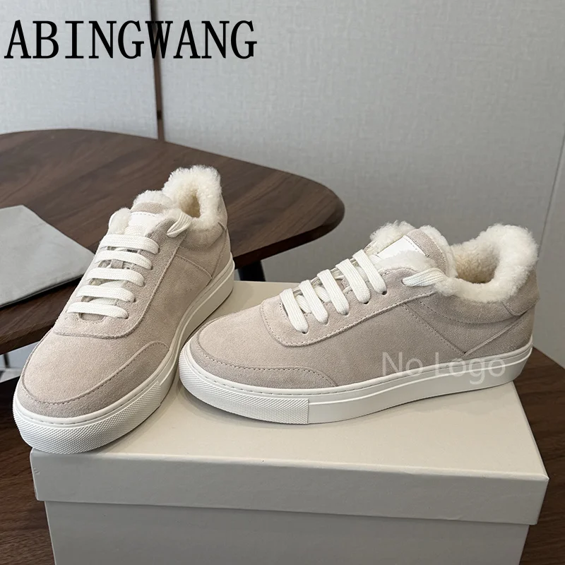 2026 Winter New Suede Inside Fur Flats Shoes for Women Lace Up Round Toe Casual Runway Ladies Walking Shoes Warm Shoes Women