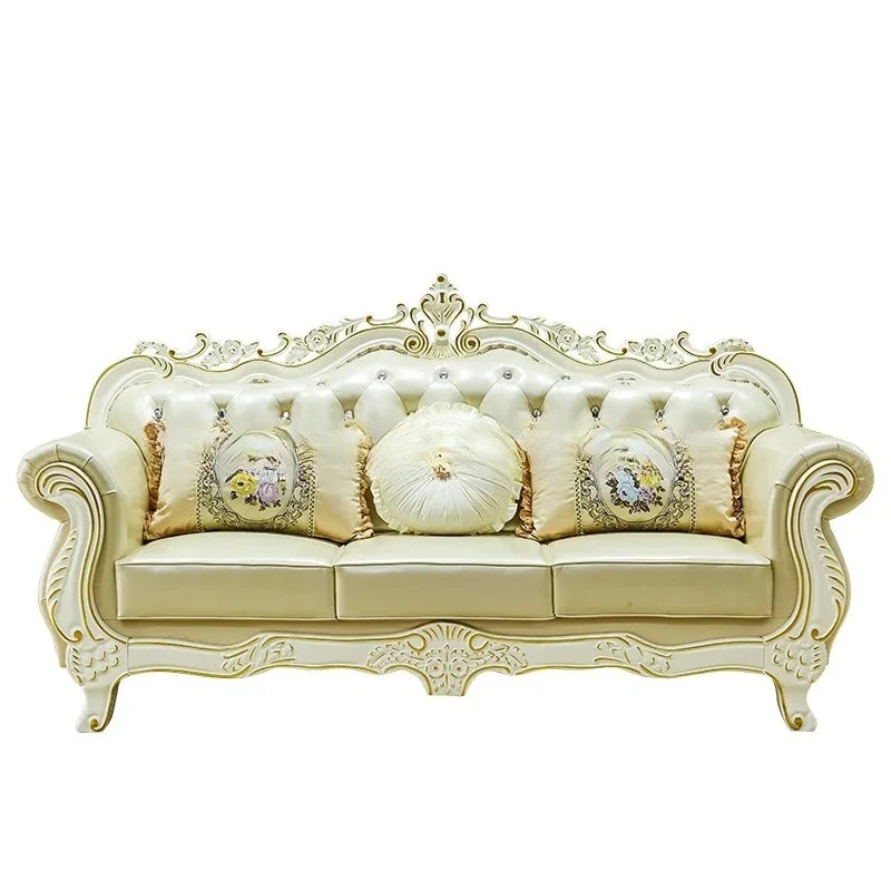 SA-18 French Style Genuine Leather Sofa Living Room Solid Wood Carved Top Grain Leather High End Home Furniture