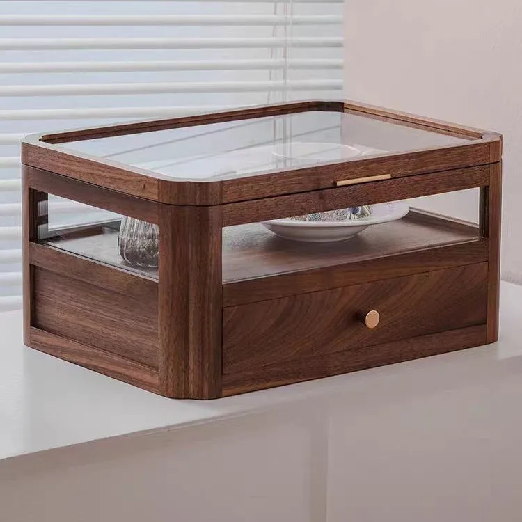 

Desktop teapot storage box, black walnut teacup tea set holder, glass storage cabinet, solid wood finishing display cabinet