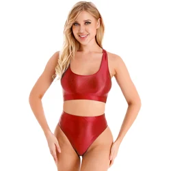 Womens Two-piece Swimsuit Swimwear Underwear Glossy Lingerie Outfits U Neck Sleeveless Crop Tank Top High Waist Briefs Swim Suit