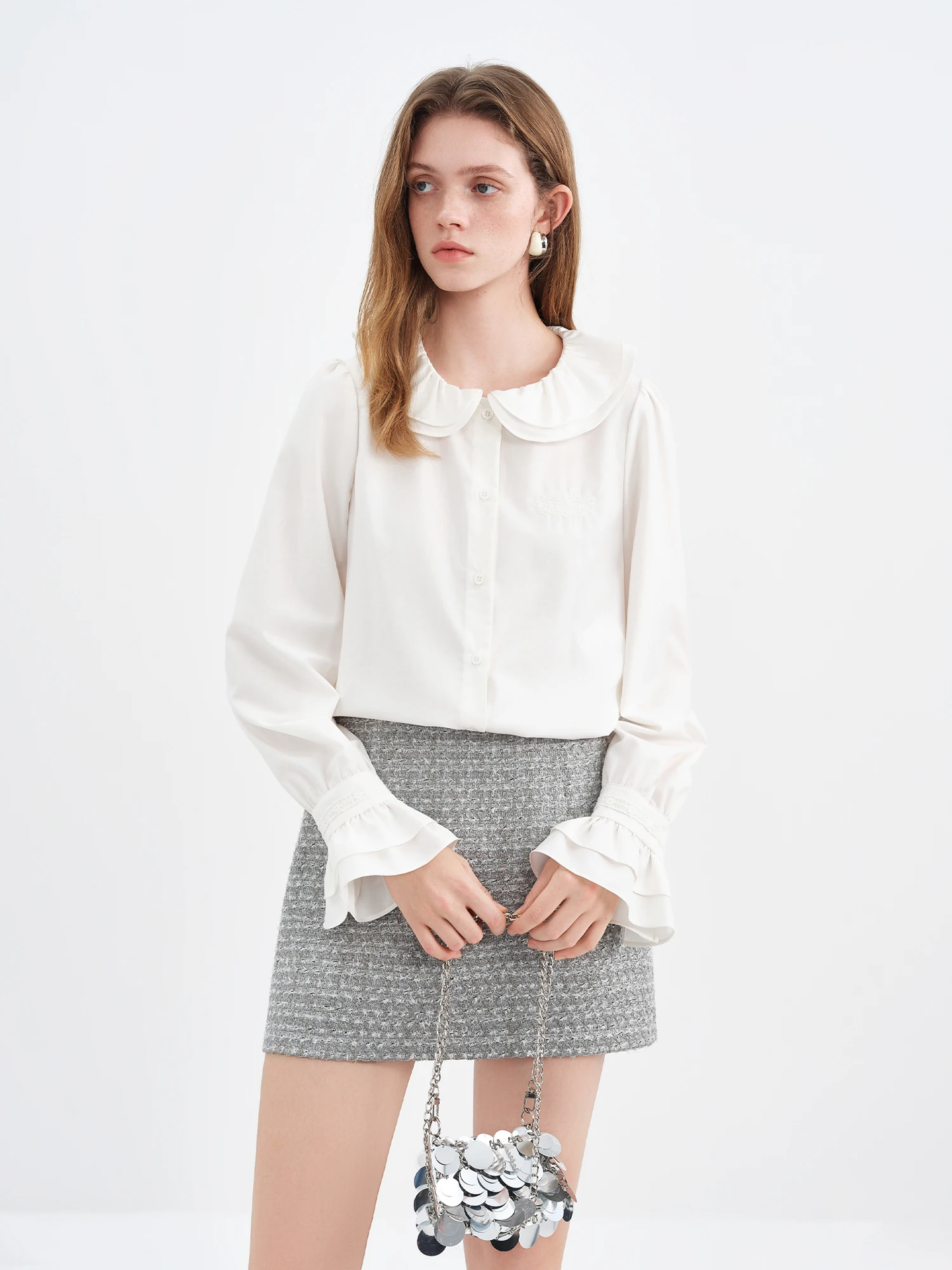 FSLE 2025新作 レディース ダブルレイヤー ピーターパンカラー 刺繍ブラウス スイート ヴィンテージ シャツ エレガント レイヤリングトップ シャツ