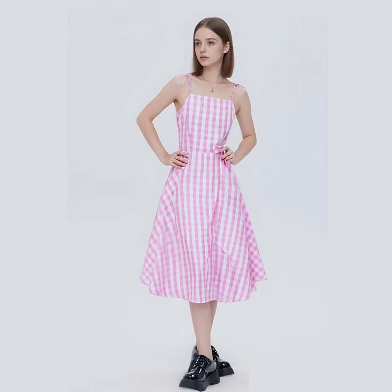 

Summer Lace up Dress for Women Vintage Pink Plaid Dresses Sleeveless Retro Bowtie Halloween Cocktail Party vestido 2025