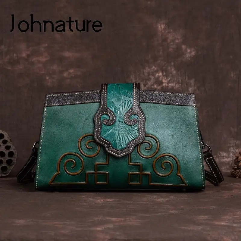 Johnature Luxury Women Bag Designer 2024 New Vintage Genuine Leather Embossed Versatile Handmade Shoulder & Crossbody Bags