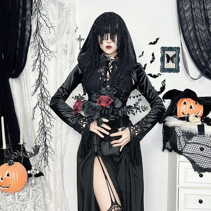 

Fashion Tassel Spliced Short Capes Female Clothing Solid Color Spring Autumn Long Sleeve Dark Gothic Drawstring Hooded Ponchos