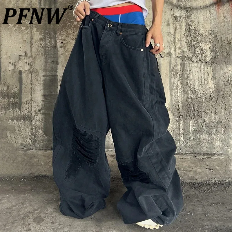 

PFNW Niche Vintage Oversized Design Jeans Men's Worn-out Loose Full Length Trousers 2024 Autumn Wide Leg Pants Tide New 28W5205