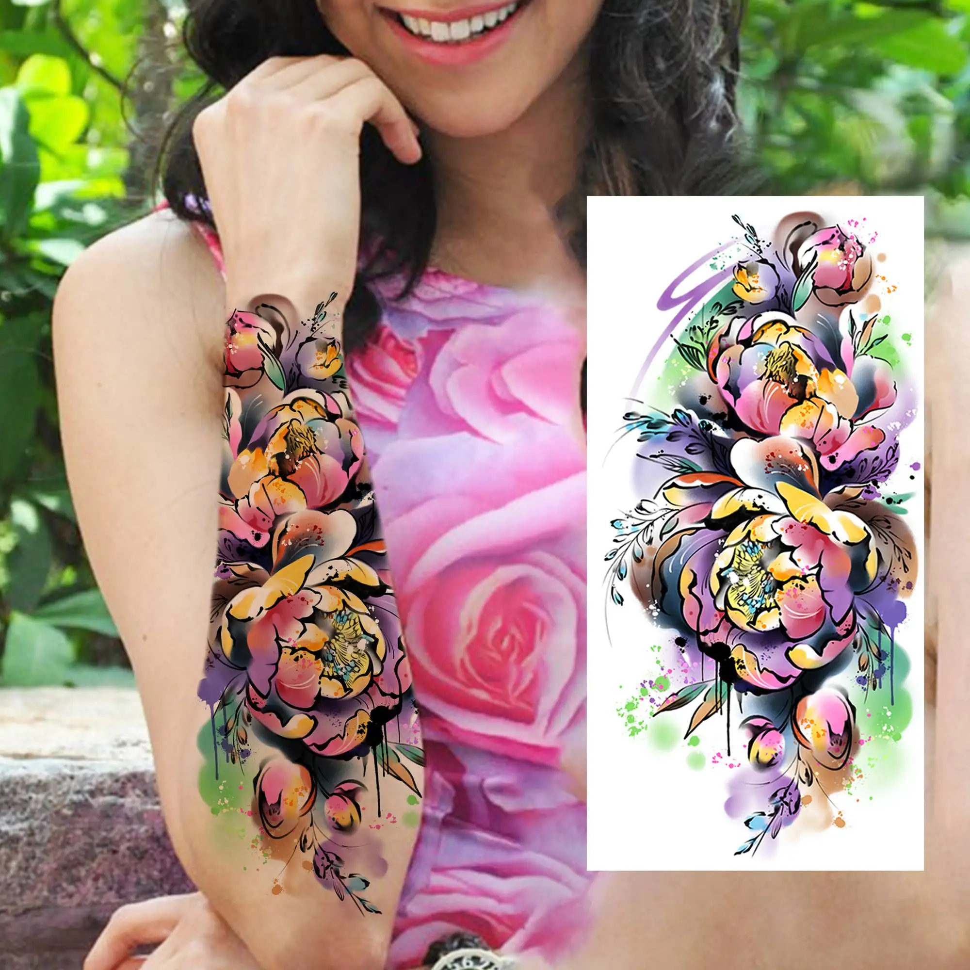 8 Sheets 3D Watercolor Flower Temporary Tattoos For Women Adults Lion Compass Flower Tattoos Fake Floral Peony Rose Tatoos Paste