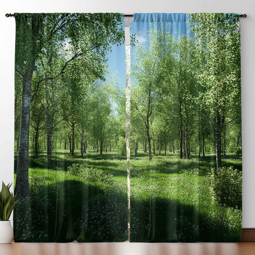 Forest Scene Curtains Set of 2 Rod Pocket Semi Sheer Green Blue for Living Room Bedroom Decor