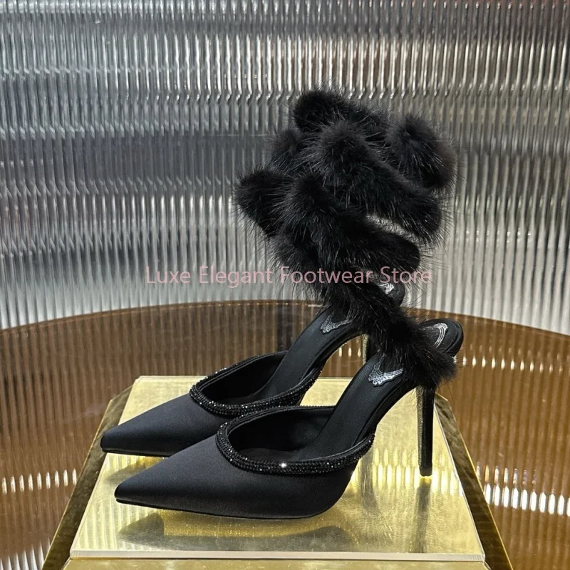 Blue Crystal Decor Fuzzy Snake Shaped Slingback Sandals Women Closed-Toe Pointed Thin High Heels Sexy Elegant Banquet Party Shoe