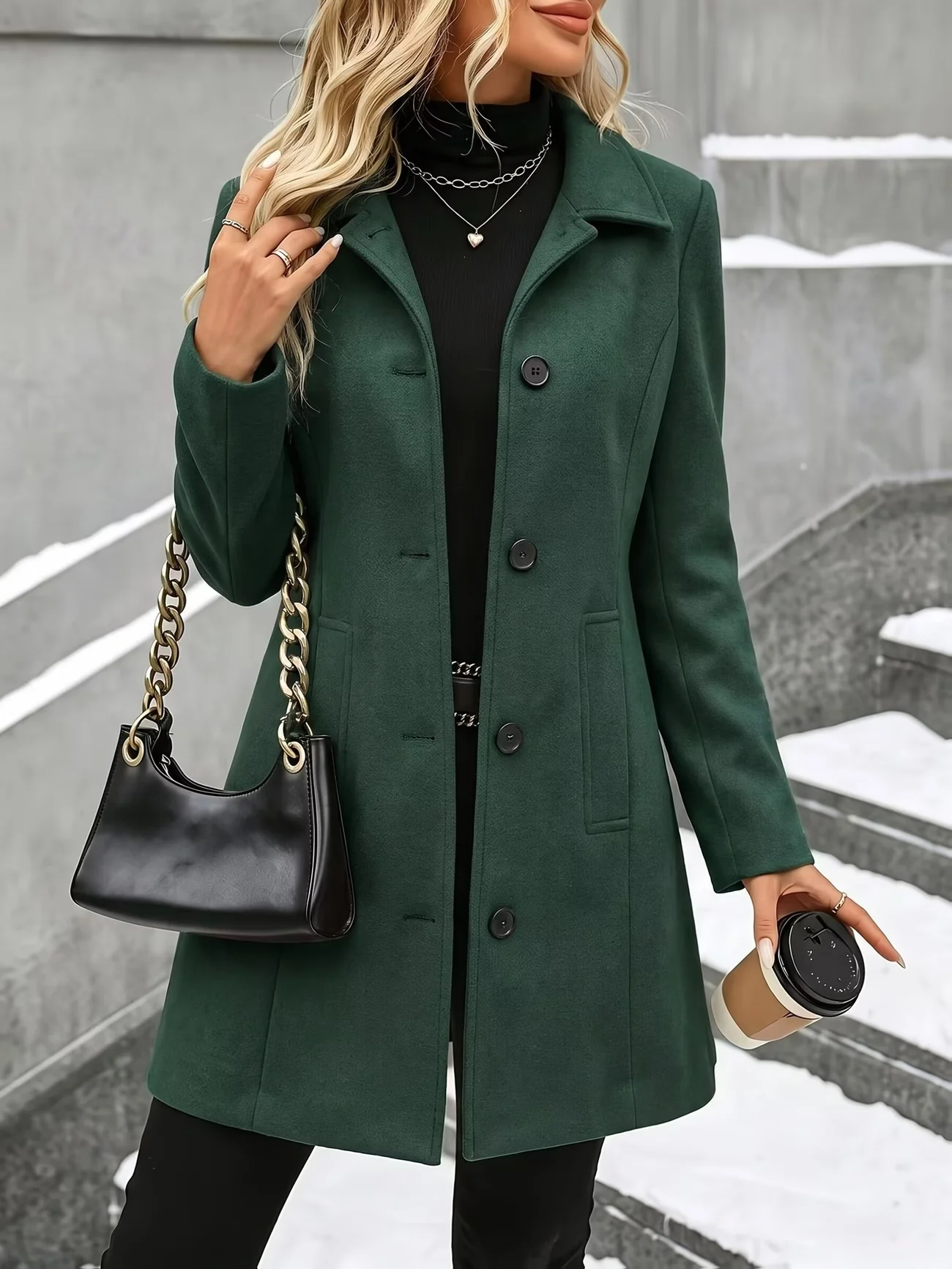 Women's Mid-Length Woolen Coat Autumn Winter New Style Single Button Casual Coat Flip Collar Classic Elegant Outerwear
