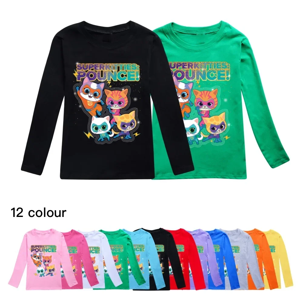 

2024 New Cute Super Kitties Kids Summer long Sleeve T Shirt Cotton Little Baby Boys Fashion O-neck Tees Clothes Teen Girls Tops