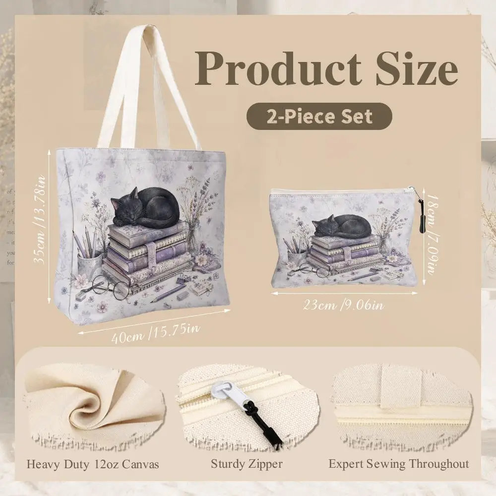Lavender Reading Cat Storage Bags 2-Piece Zipper Canvas Set Large Capacity Reusable For Work School Shopping & Travel&Gift