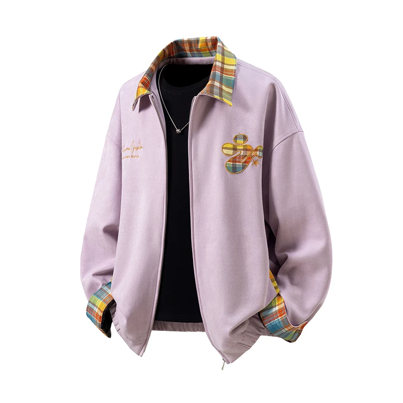 Kurtka męska zamszowa haftowana nowa jesienna modna markowa kontrastowa kolorowa kurtka w kratę z klapami
