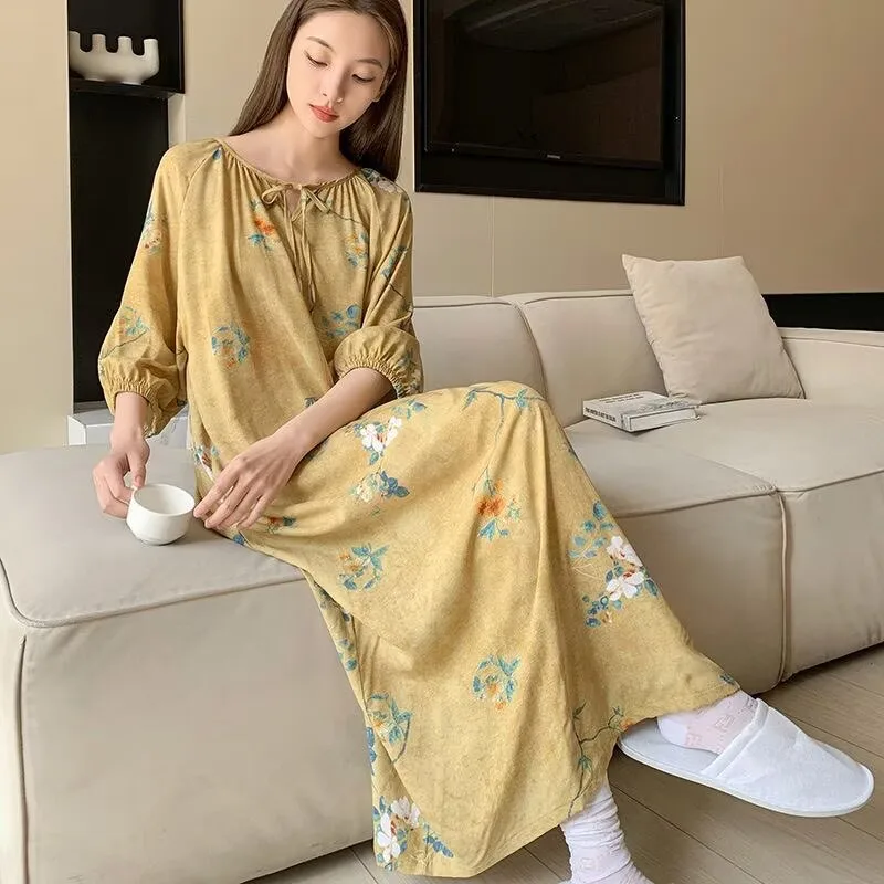 Womens Printed Nightgowns Lace up Long Sleeved Home Dress