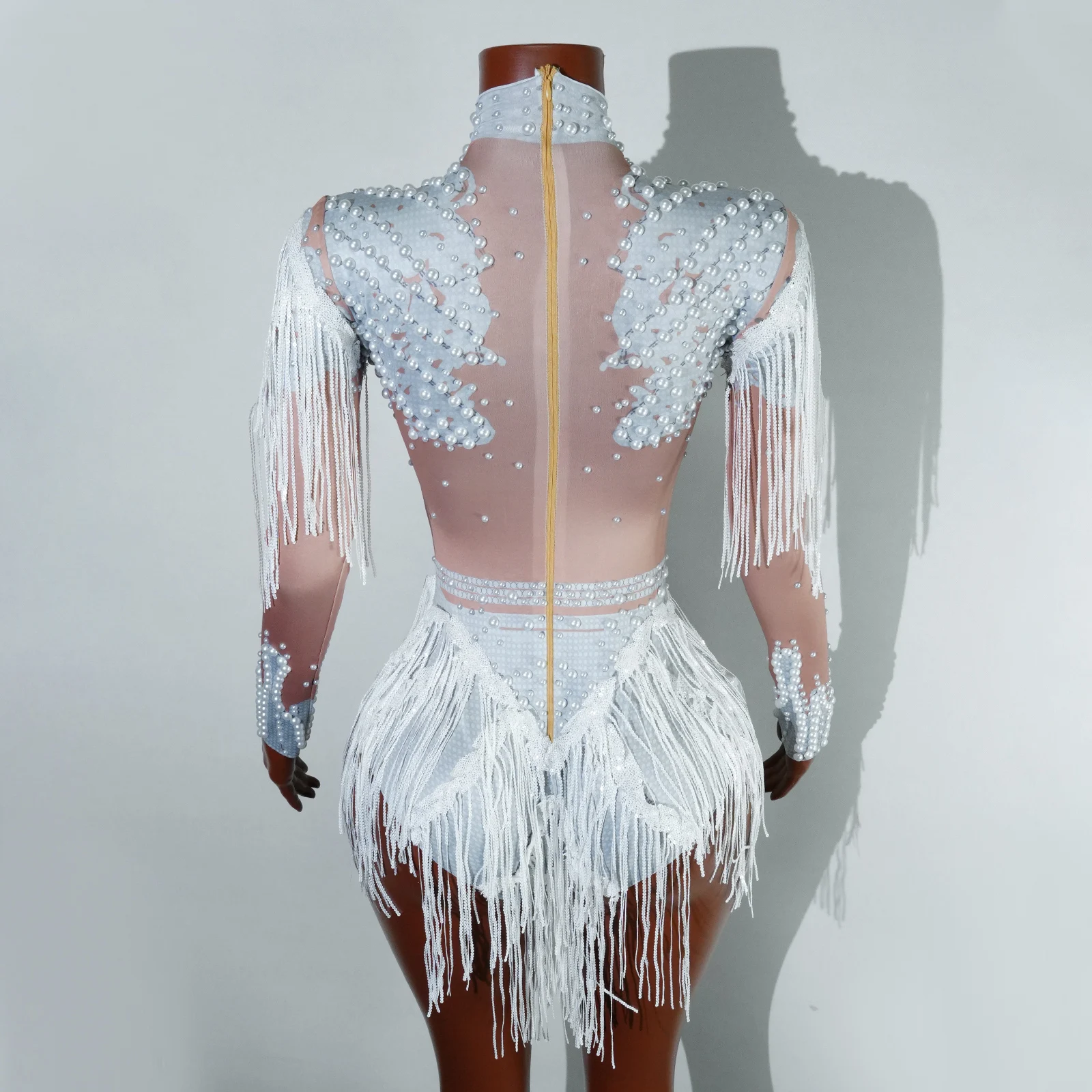 New White Pearl Fringes Bodysuit Red Rhinestone Sequin Tassel Birthday Party Nightclub Dance Stage Performance Costume Outfit