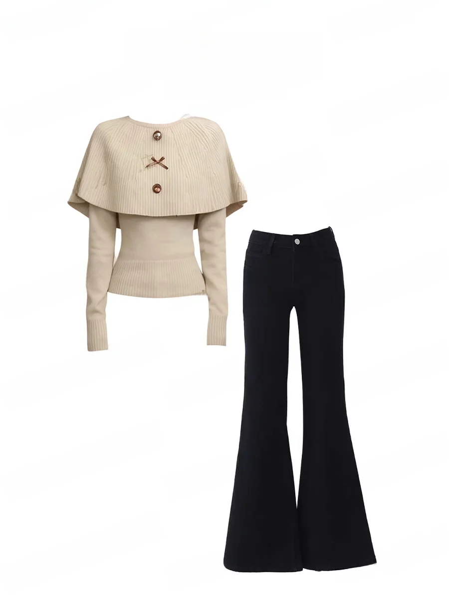 

Стильный асимметричный вязаный свитер-накидка и комплект из расклешенных брюк для женщин: зимний, стройнящий, повседневный модный ансамбль