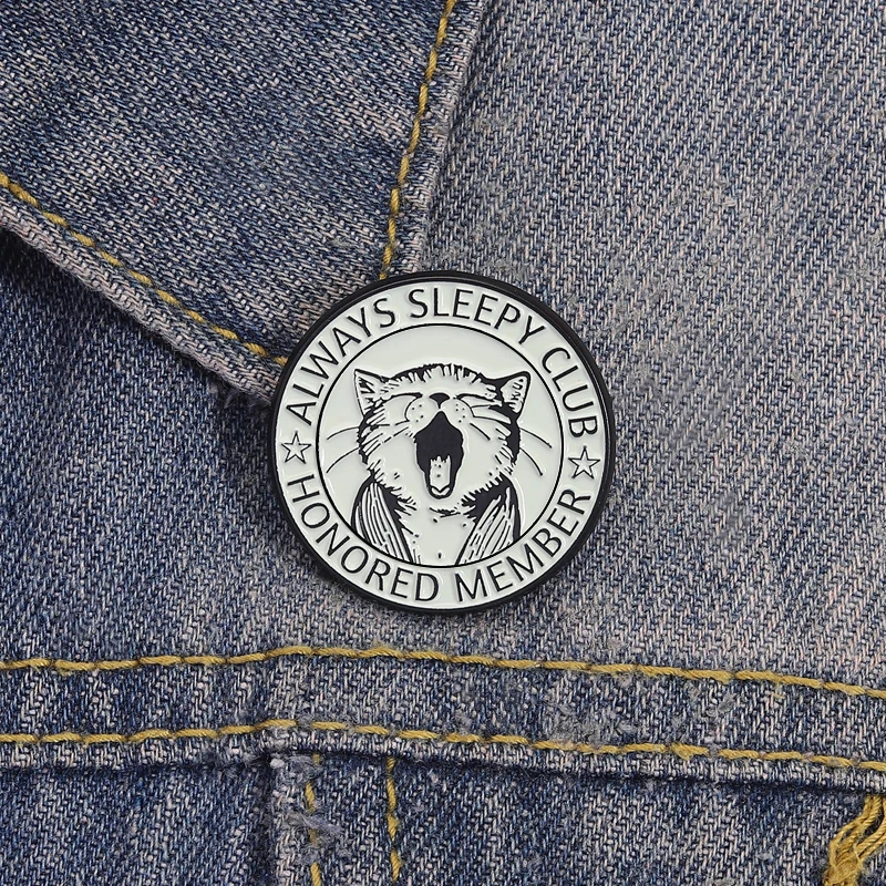 Always Sleepy Club Honored Member Enamel Pin Cute Yawning Cat Brooch Lapel Badge Fashion Jewelry Accessories Gift for Friends