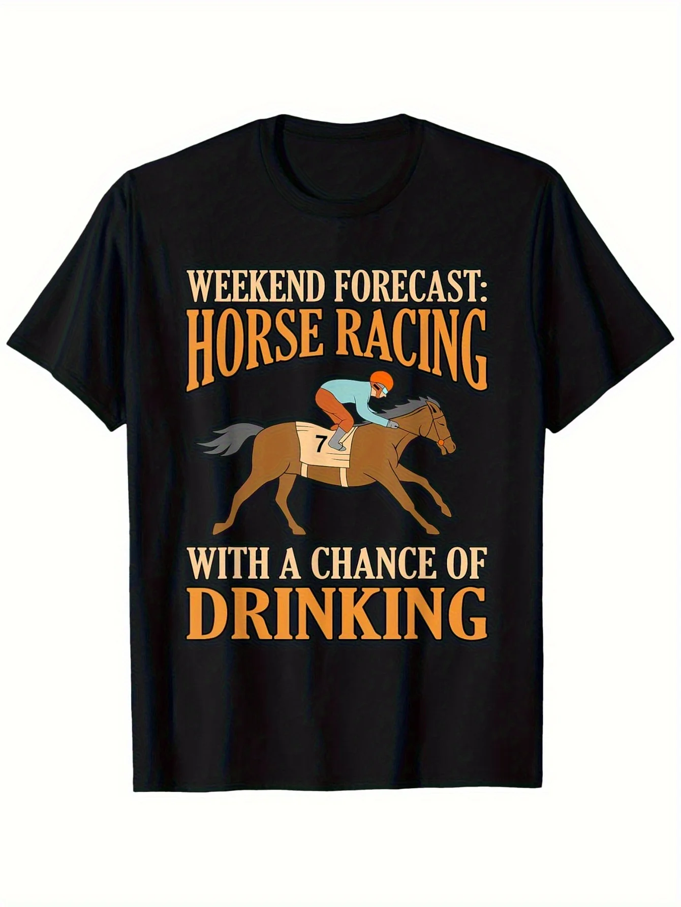 1pc, Weekend Forecast Horse Racing and Drinking Graphic T-Shirt - Barrel Racing Driver Design, Unisex Casual T-Shirt for Men, Su