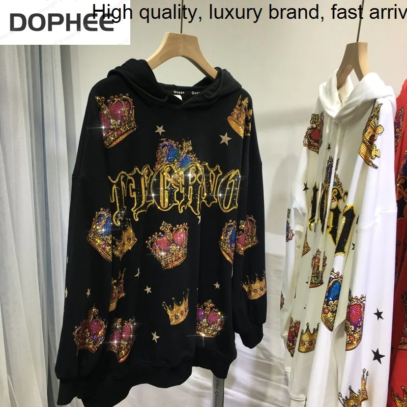 

Crown Luxury Shiny Hot Drill Women Hoodies Top Oversize All-match Loose Long Sleeve Sweatshirt Streetwear Autumn Winter Clothes