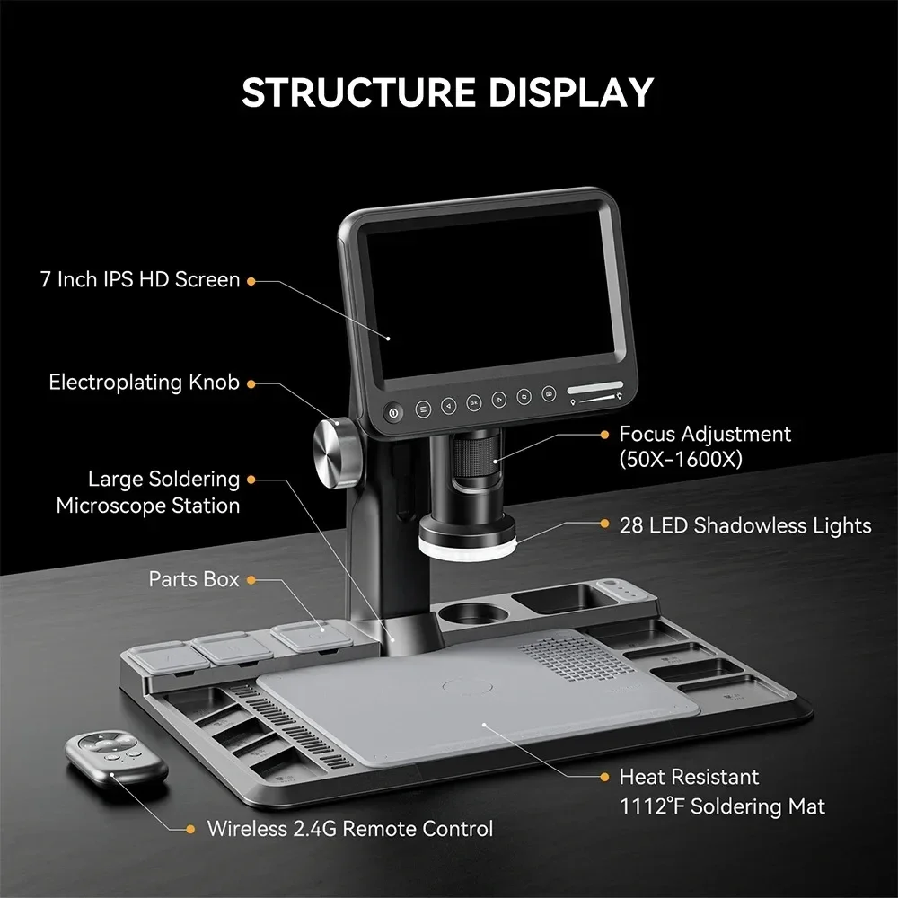 50X-1600X Digital Microscope for Electronics Repair HD 12MP 7" Screen Soldering Microscope With 600℃ Heat Insulation Pad