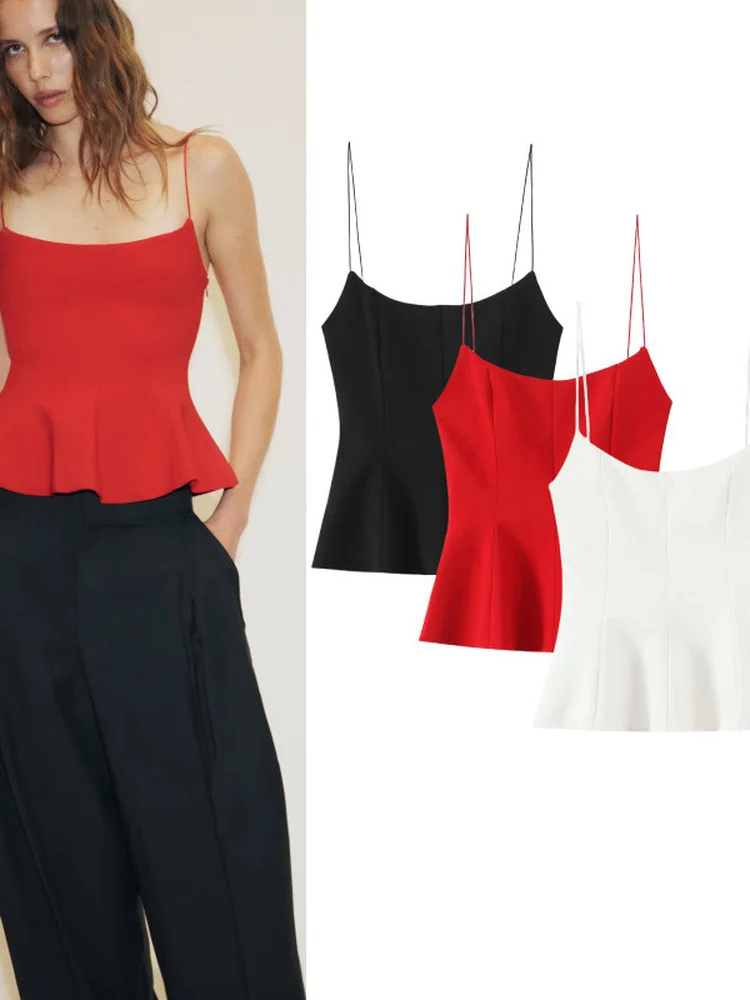 تصميم جديد للنساء لفصل الصيف: توب ضيق بحمالات رفيعة وتنورة قصيرة مرنة بأسلوب فرنسي، مصنوع من القطن والبوليستر 8280333