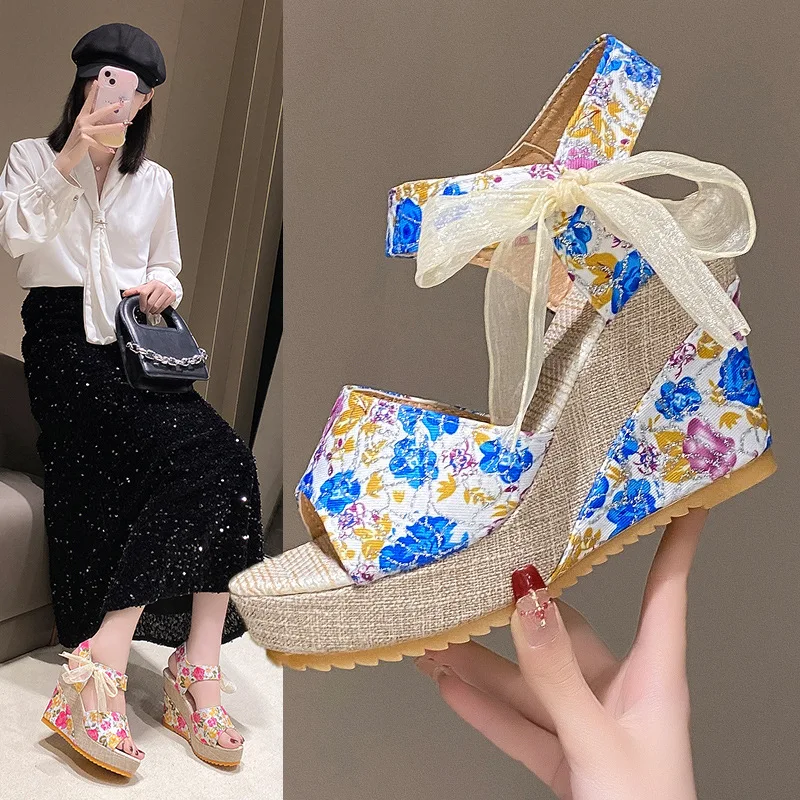 

Bohemian Sandalias Wedge Super High Heels Lace Butterfly-Knot Zapatos Para Peep Toe Huaraches Print Flower Buty Damskie Platform