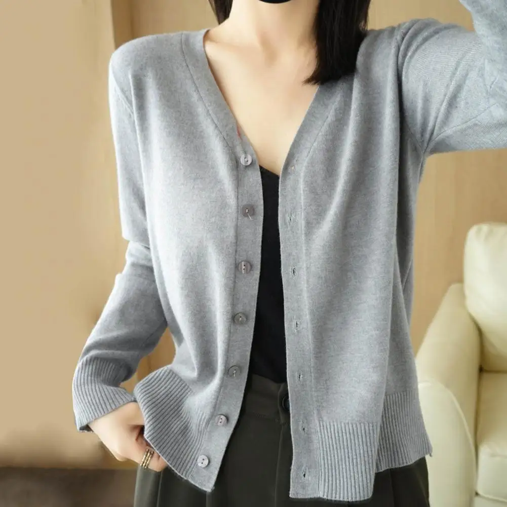 2026 Women Knitting Sweater V-Neck Long Sleeve Button Down Sweater Cardigan Solid Color Loose Fit Crochet Texture Coat