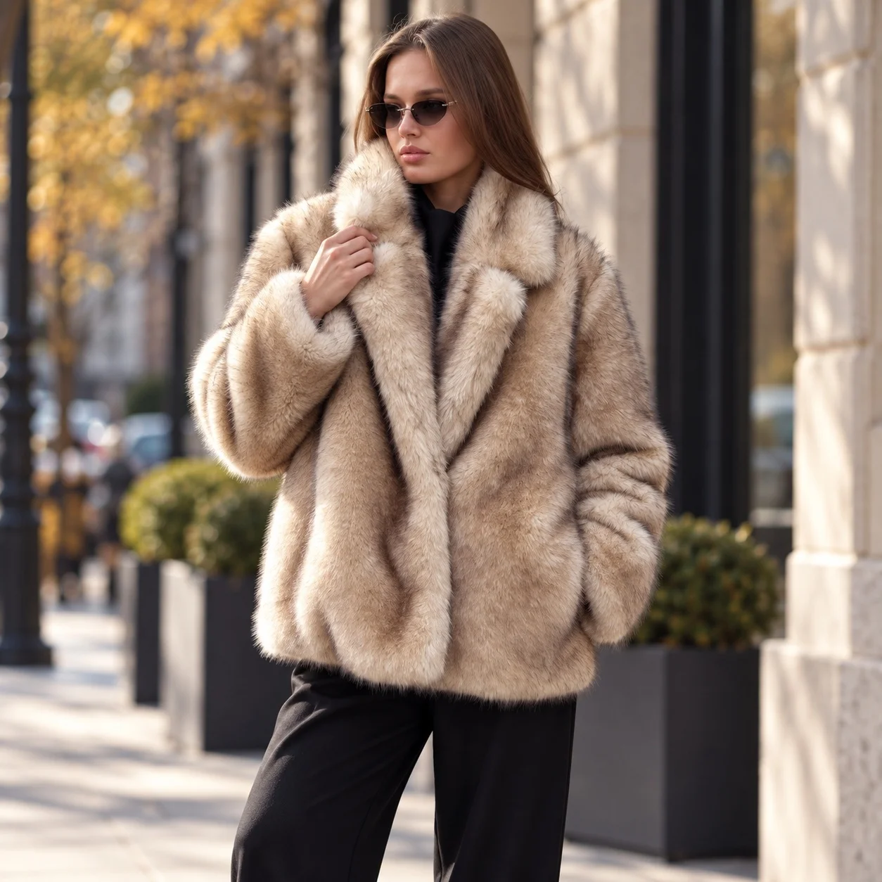 Hoodless Pocket Coat with Loose Fit Midi Length Streetwear Women Coat Notched Lapel Long Sleeve Regular Sleeve Edgy Street