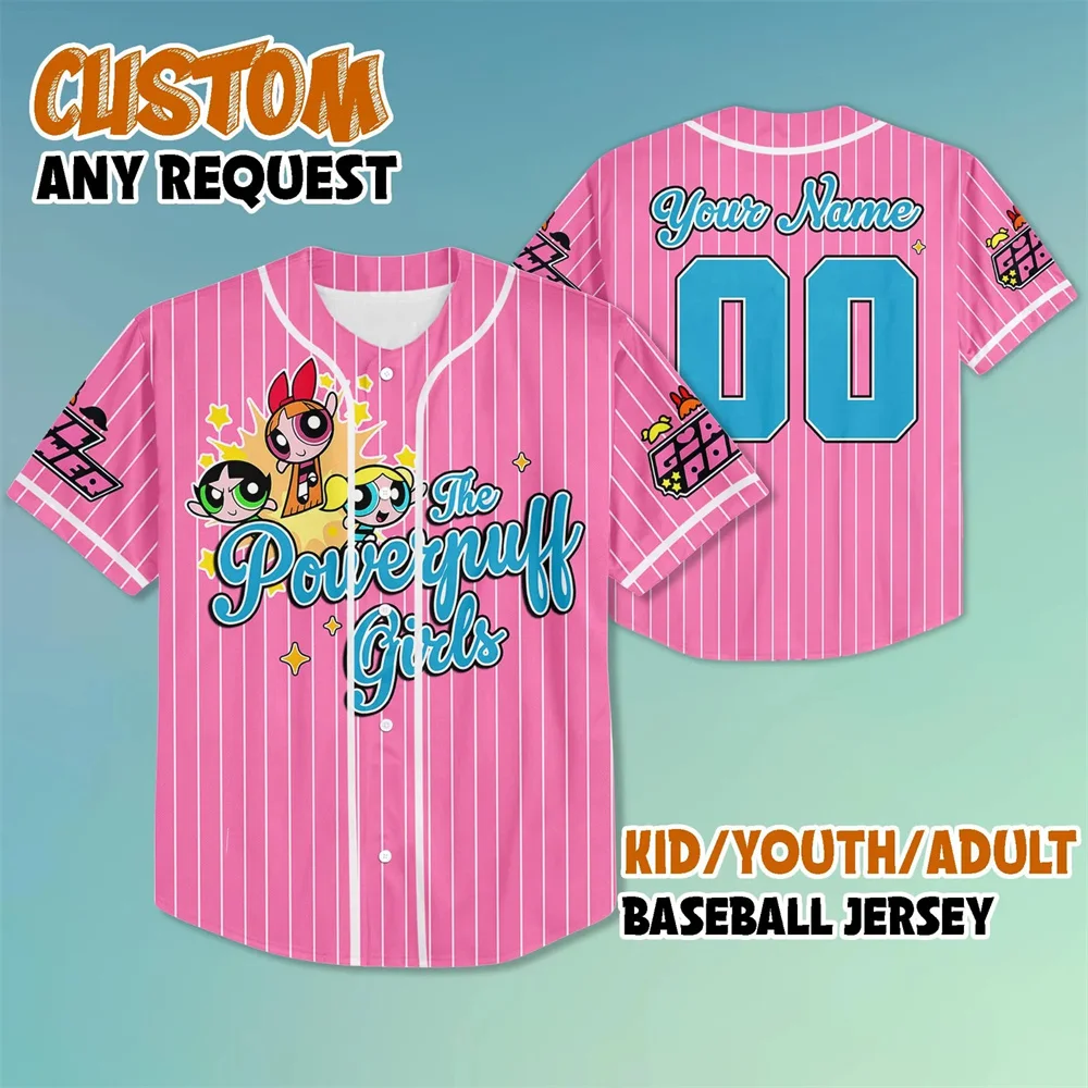 Tout nouveau maillot de Baseball personnalisé Powerpuff pour filles, bulle de fleurs, mode de rue, chemise de Baseball à manches courtes pour hommes et femmes