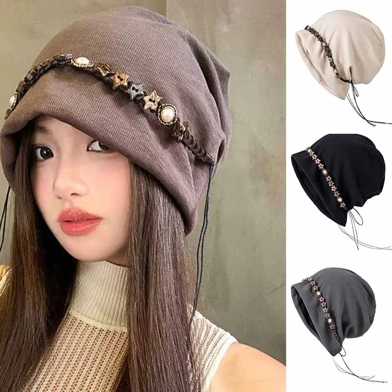 Tassel Star Beaded Stacking Hat Women Retro Niche Autumn/Winter 2025 New Versatile Big Head Circumference Brimless Pullover Hat