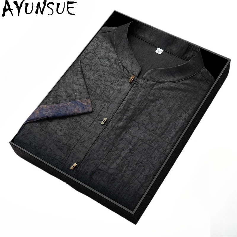 AYUNSUE 100% Real Mulberry Silk Shirts Men Clothing 2026 High Quality Xiangyunsha Summer Top Fashion Short Sleeve Black Shirt