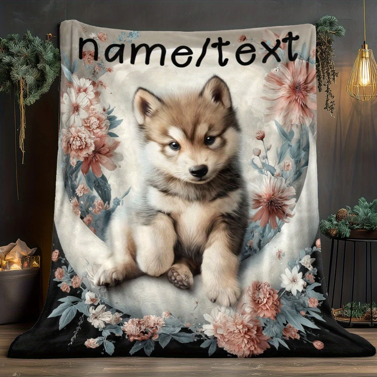 1pc Personalized Custom Name Wolf & Siberian Husky Puppy Print Flannel Blanket - Soft Lightweight All-Season Bedspread for Bed