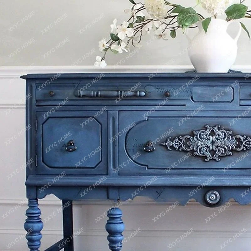 Blue Palace Carved Cabinet Tall Roman Column Sideboard Blue Distressed Storage