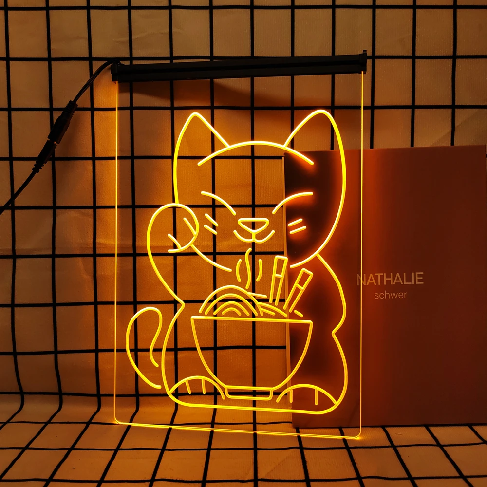 Maneki Neko Ramen Luck Cat-Retro LED Neon Sign Home Decor with Vintage Plaques and Posters for Room Office Farmhouse