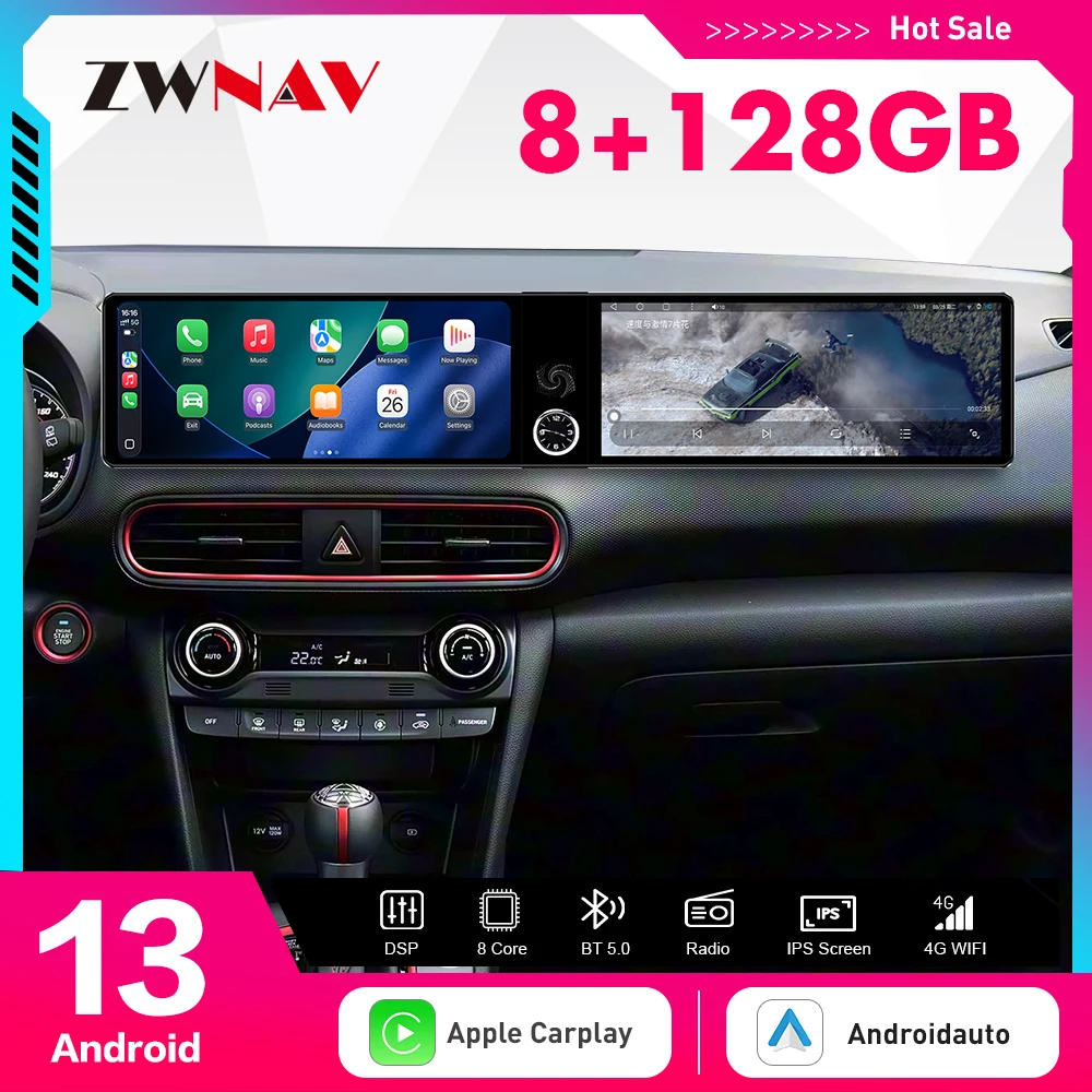 

Двухэкранный (12,3 дюйма) мультимедийный проигрыватель с CarPlay и Android 14, GPS-навигацией для Hyundai ENCINO 2018-2020, автомобильная магнитола, головное устройство