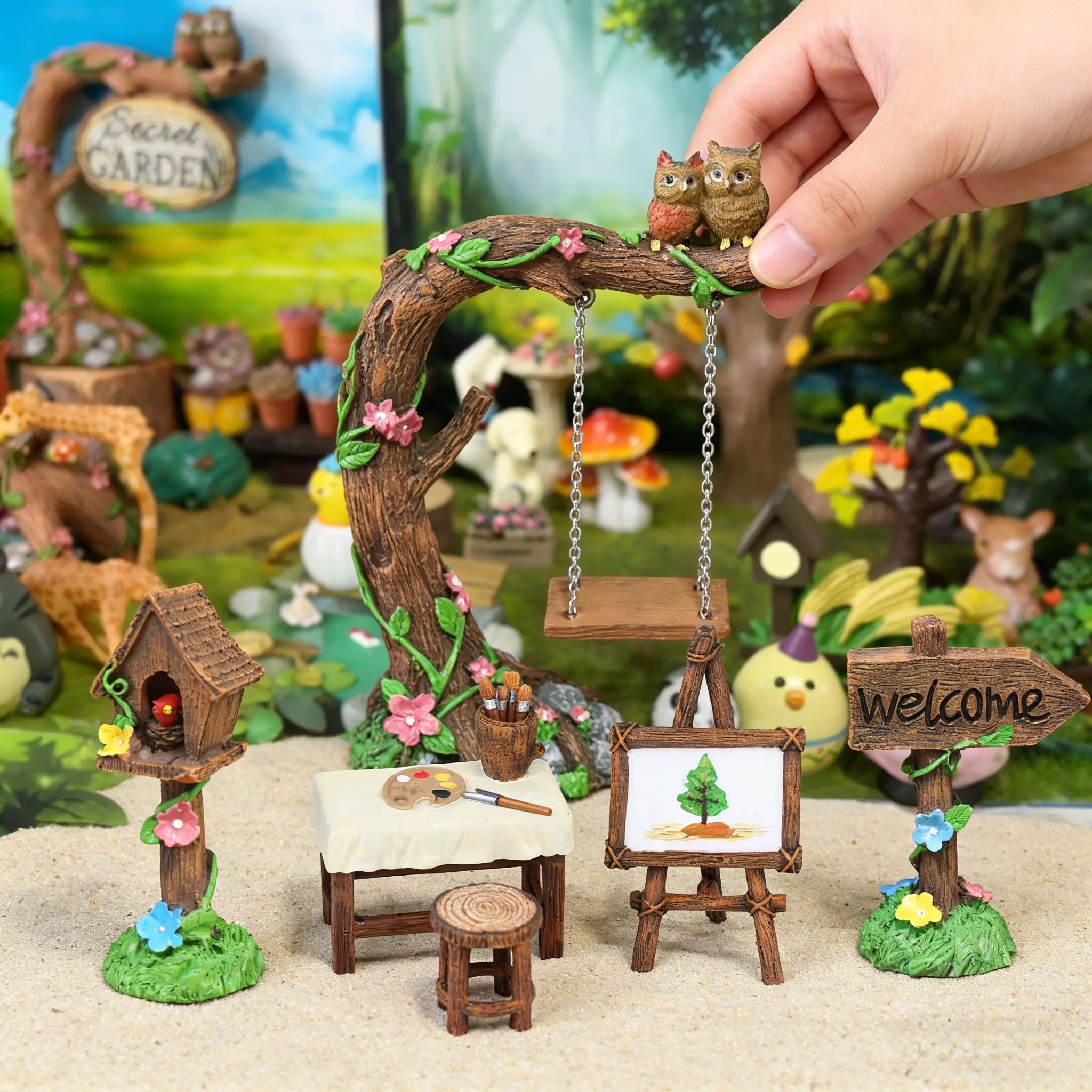 Miniature Secret Garden Decor Set, Resin Owl Swing & Artist Easel Figurines, Fairy Garden Diorama Props for Aquarium Landscaping