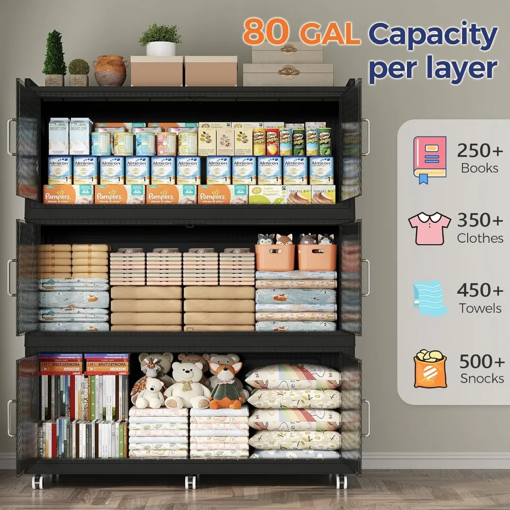 صناديق تخزين كبيرة جدًا بسعة 240 جالون مع أغطية، ومنظمات قابلة للطي سعة 960 لتر على عجلات، وخزائن خزانة قابلة للطي وقابلة للتكديس