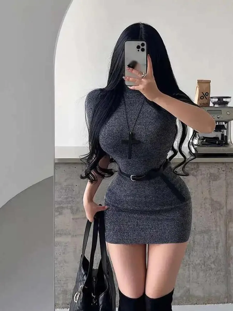 Pure Desire Queen Tight Small High Collar Short Sleeve Knitted Hip Hugging Dress Elegant Short Skirt With Belt Fashion Women BT8