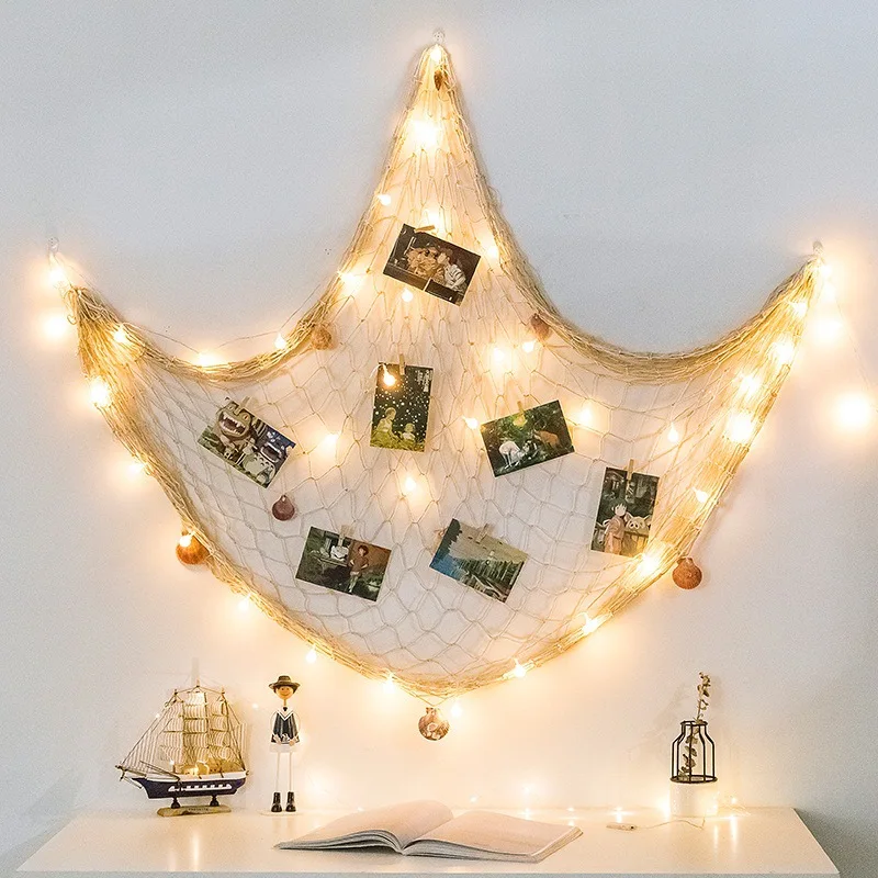 Decorative Fishing Net Wall Hanging with 12Shells Mediterranean Style DIY for Photos & Lights Cotton Rope Home Decor Beach Theme