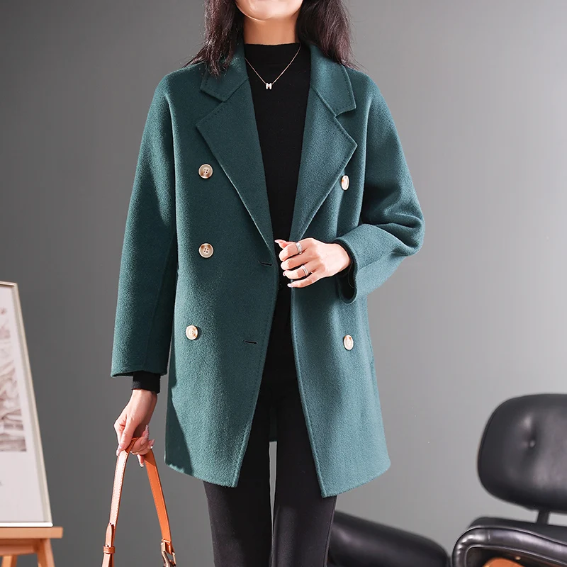 2025 Autumn Winter Warm Women's Double-Faced Wool Coat Dark Green 100% Pure Wool Fashion Casual Lapel Double-Breasted Outerwear