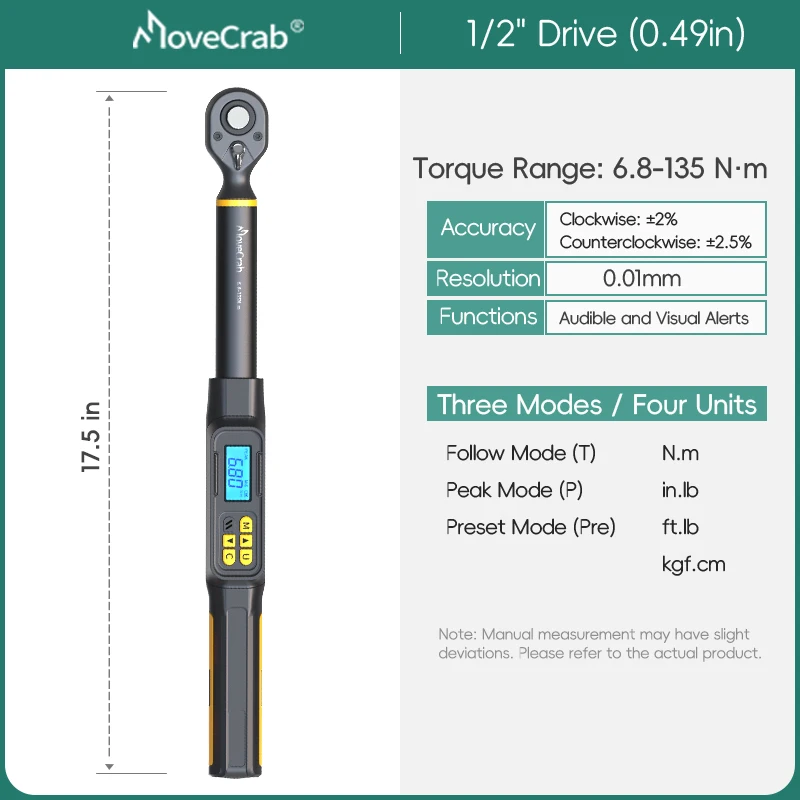 MOVECRAB Digitale momentsleutel 0,6-340N.m 2% nauwkeurigheid Vooraf ingestelde en LED/zoemerwaarschuwingen voor fietsmotoren Automotive mechanisch gereedschap