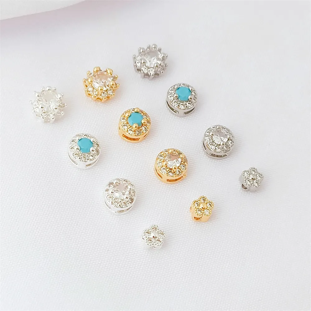 

14K Copper Plated Silver Slightly Inlaid Zircon Beads Turquoise Round Flat Beads Diy Handcrafted Bracelet Loose Beads Accessorie