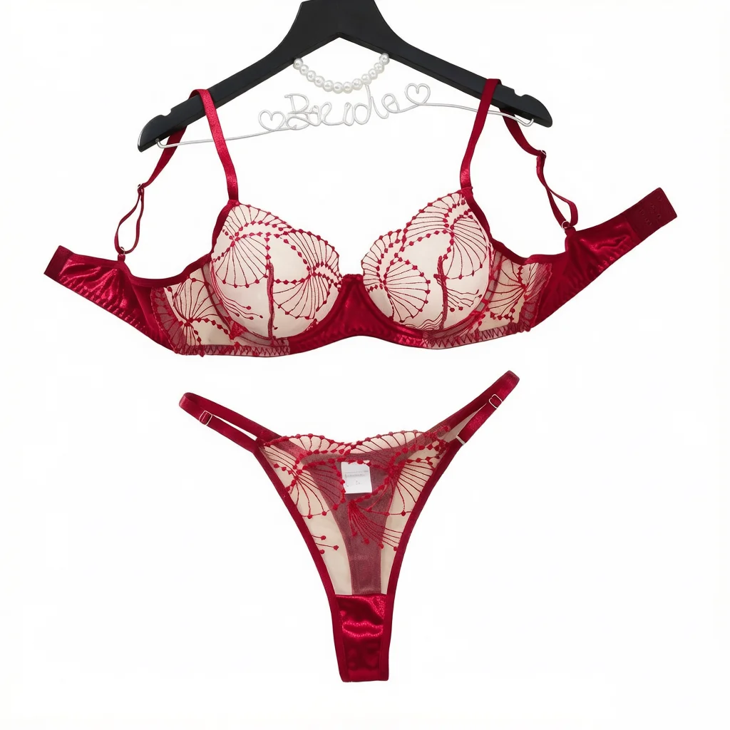 Damen-Dessous-Set mit roter Stickerei, transparentem Mesh-Bügel-BH und String, Satinbesatz, Intimunterwäsche ZA825287