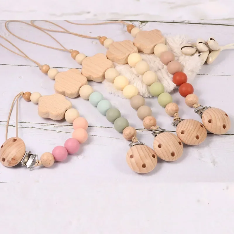 Custom Name Wooden Personalized Baby Pacifier Chain Silicone Bead Dummy Nipple Holder Guard Teether Pendant  Newborn Gift ins