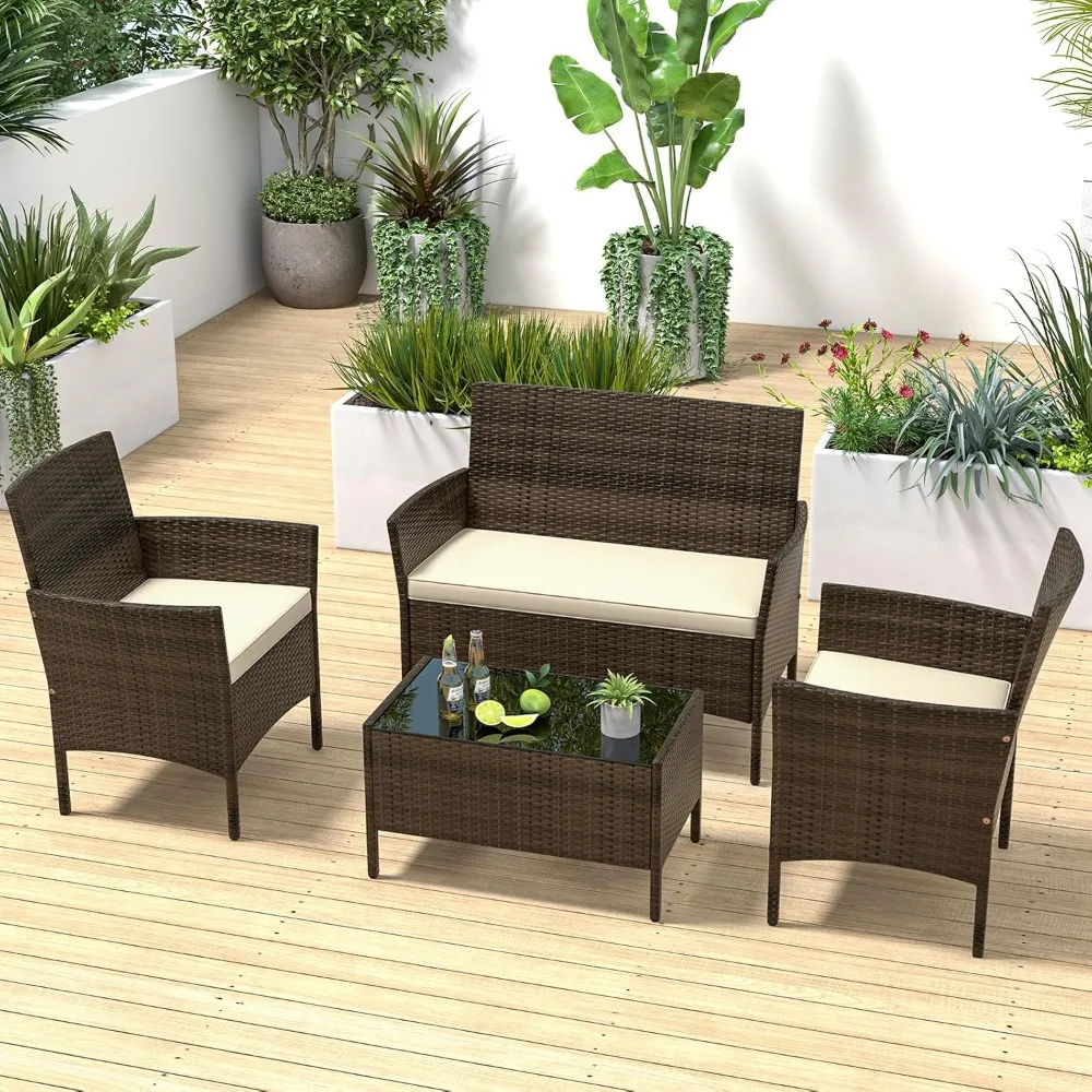 

4-piece Terrace Furniture - Rattan Outdoor Dialogue Tavern Set with Cushion, Glass Coffee Table, Willow Chair