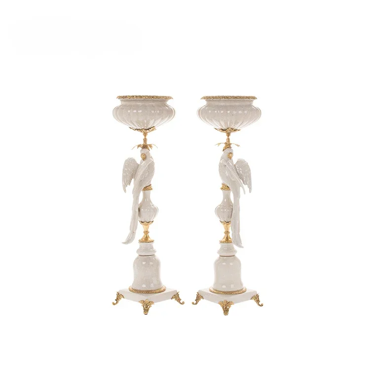 American dining table home decoration ornaments, ceramic inlaid copper candlestick handicrafts